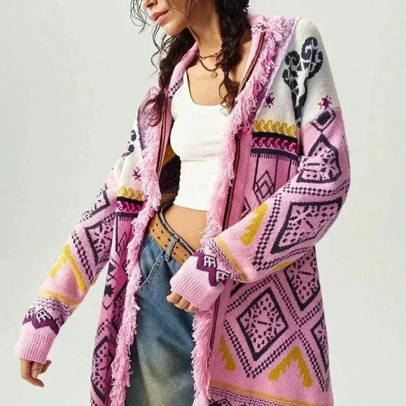 Multicolor Casual Women's Loose Geometric Pattern Fringe Trim Cardigan - Picture 3 of 4